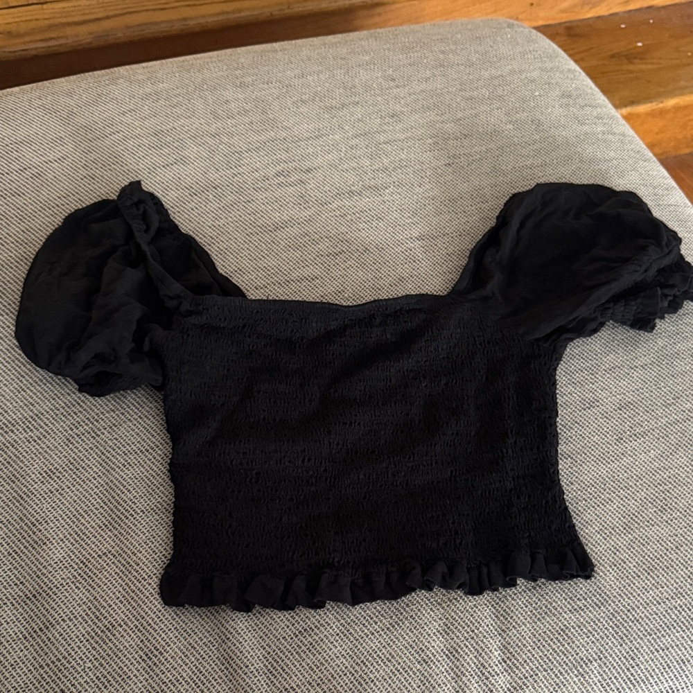 Boden Black Textured Puff Sleeve Blouse Size 6 | Work Chic |